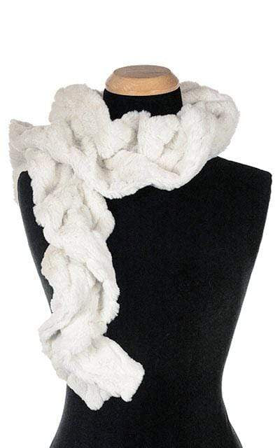 Product shot of Women’s ruffled Scarf | Marshmallow Twist, White with Cable Knit EmbossingFaux Fur | Handmade in Seattle WA | Pandemonium Millinery  