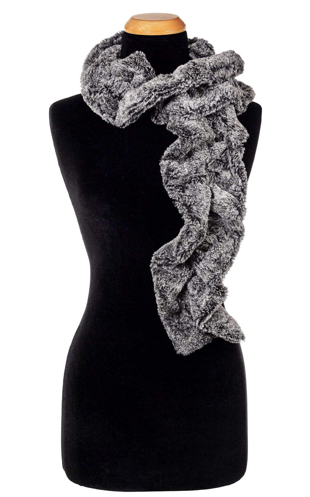 Product shot of Women’s Scrunchy Ruffled Scarf | Nimbus faux fur in blacks and creams k | Handmade in Seattle WA | Pandemonium Millinery