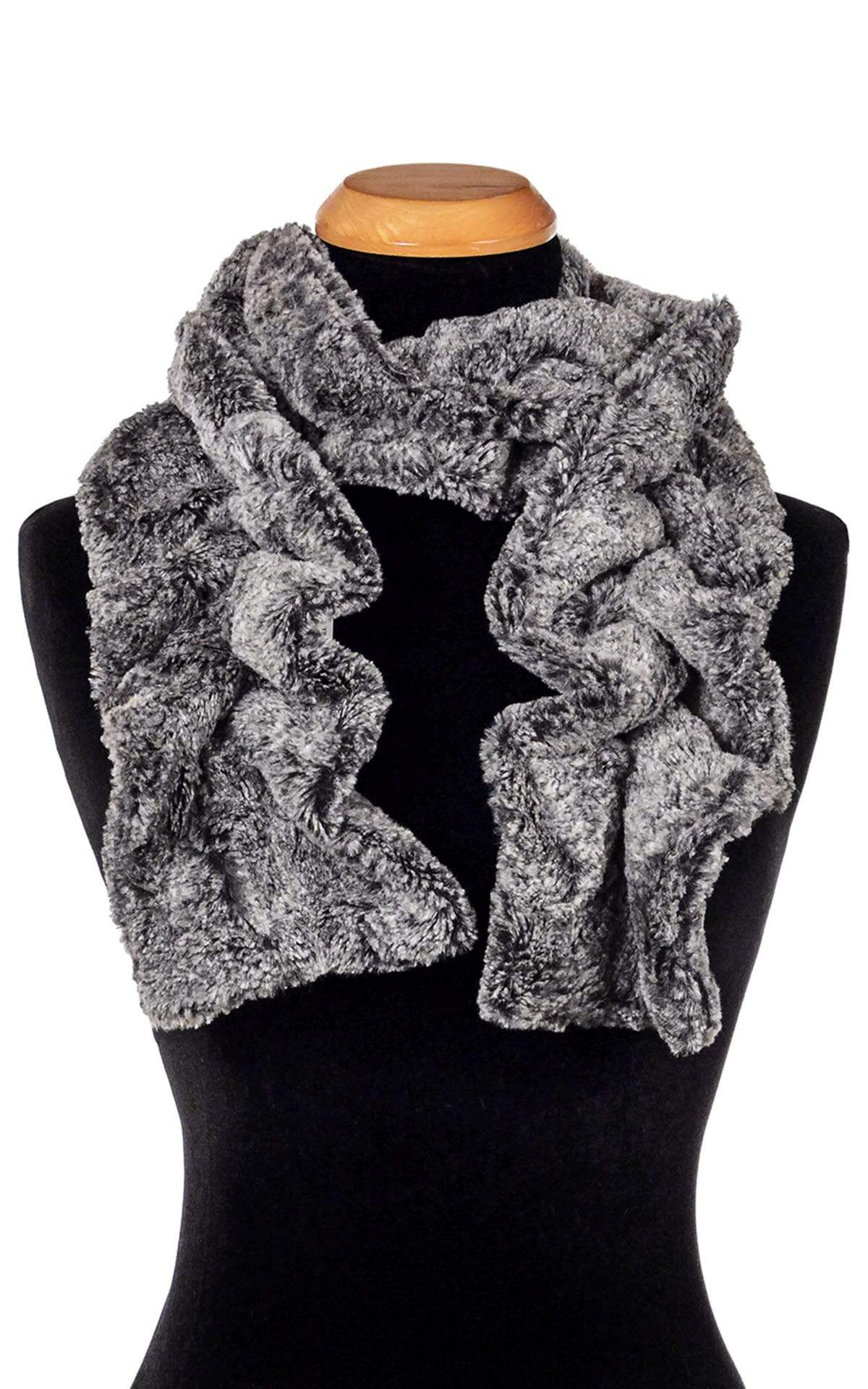 Product shot of Women’s Scrunchy Ruffled Scarf | Nimbus faux fur in blacks and creams k | Handmade in Seattle WA | Pandemonium Millinery
