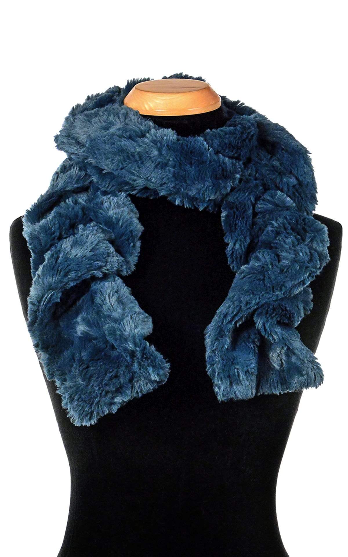 Product shot of Women’s Scrunchy Scarf | Peacock Pond Faux Fur, Blue / Teal | Handmade in Seattle WA | Pandemonium Millinery