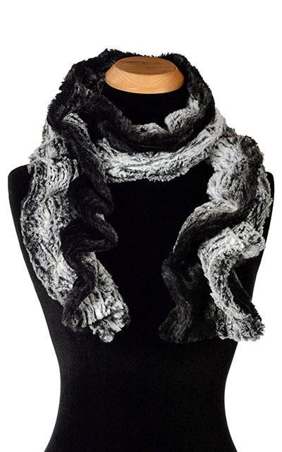 Product shot of Women’s Scrunchy Scarf | Smoldering Sequoia faux fur a streaked print of black ivory and grays | Handmade in Seattle WA | Pandemonium Millinery