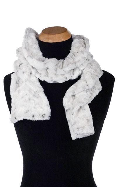 Product shot of Women’s Scrunchy Scarf | Winter Frost a white faux fur with light hints of black | Handmade in Seattle WA