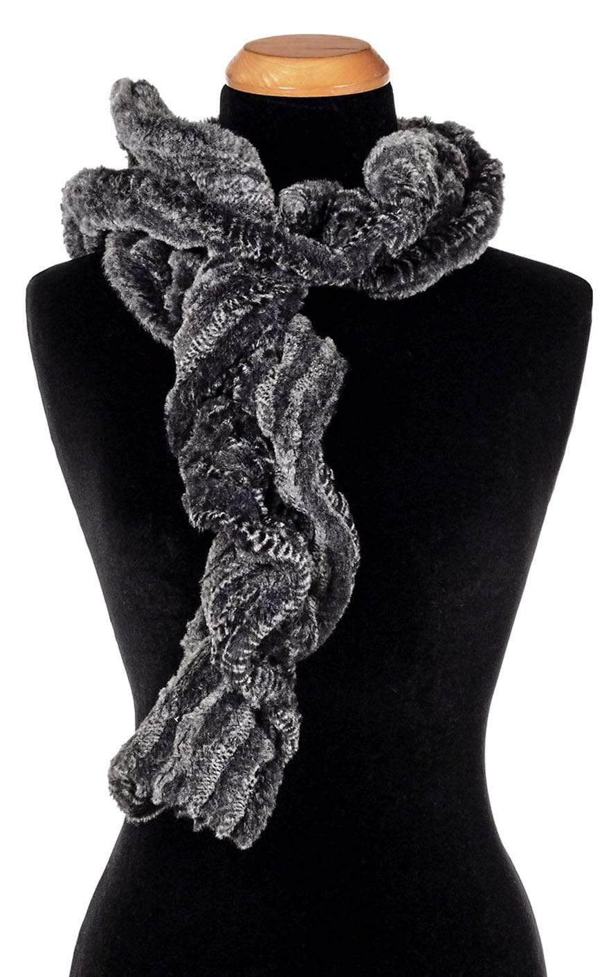 Product shot of Women’s Scrunchy Scarf | Rattle ‘N’ Shake Snake Print in black creams and grays | Handmade in Seattle WA | Pandemonium Millinery