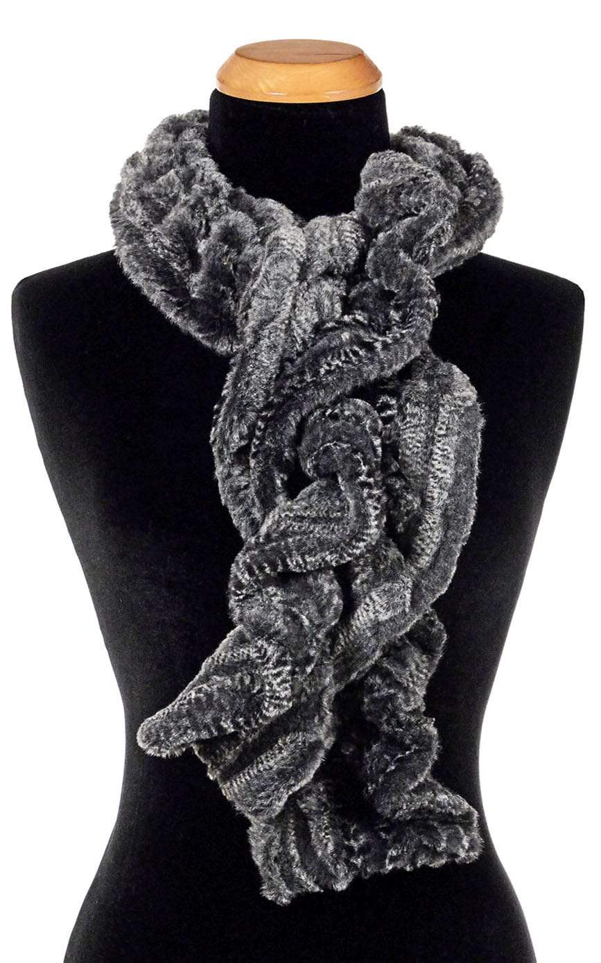 Product shot of Women’s Scrunchy Scarf | Rattle ‘N’ Shake Snake Print in black creams and grays | Handmade in Seattle WA | Pandemonium Millinery
