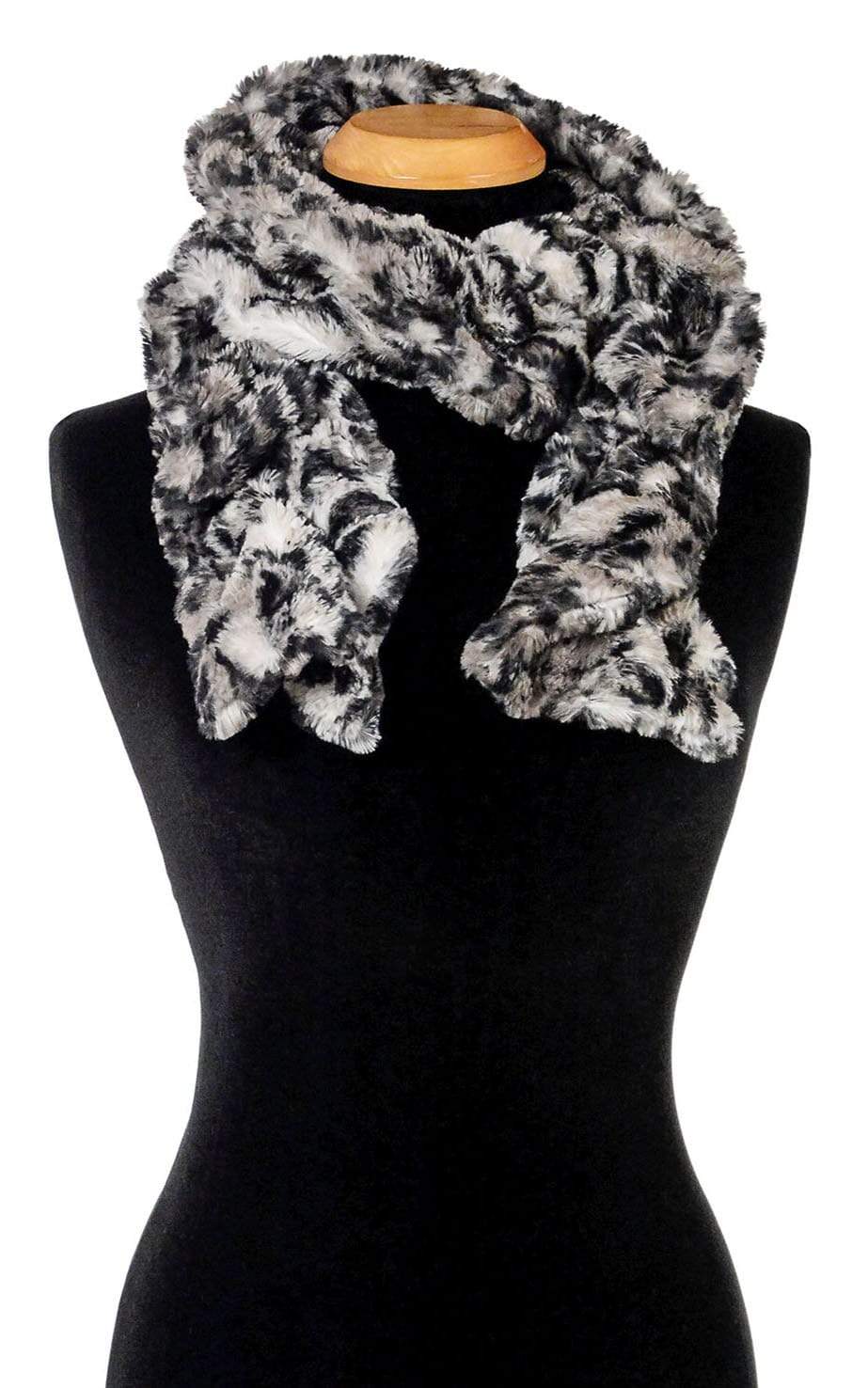 Product shot of Women’s Scrunchy Scarf | Savannah Cat Faux Fur Animal Print in black creams and grays | Handmade in Seattle WA | Pandemonium Millinery