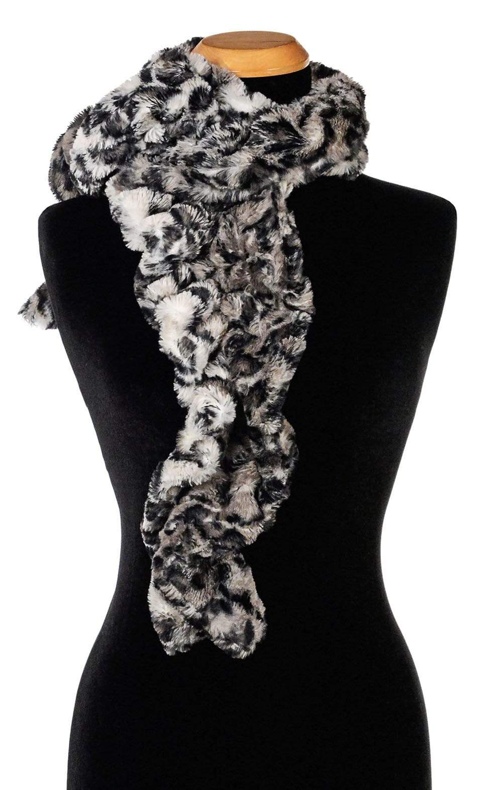 Product shot of Women’s Scrunchy Scarf | Savannah Cat Faux Fur Animal Print in black creams and grays | Handmade in Seattle WA | Pandemonium Millinery