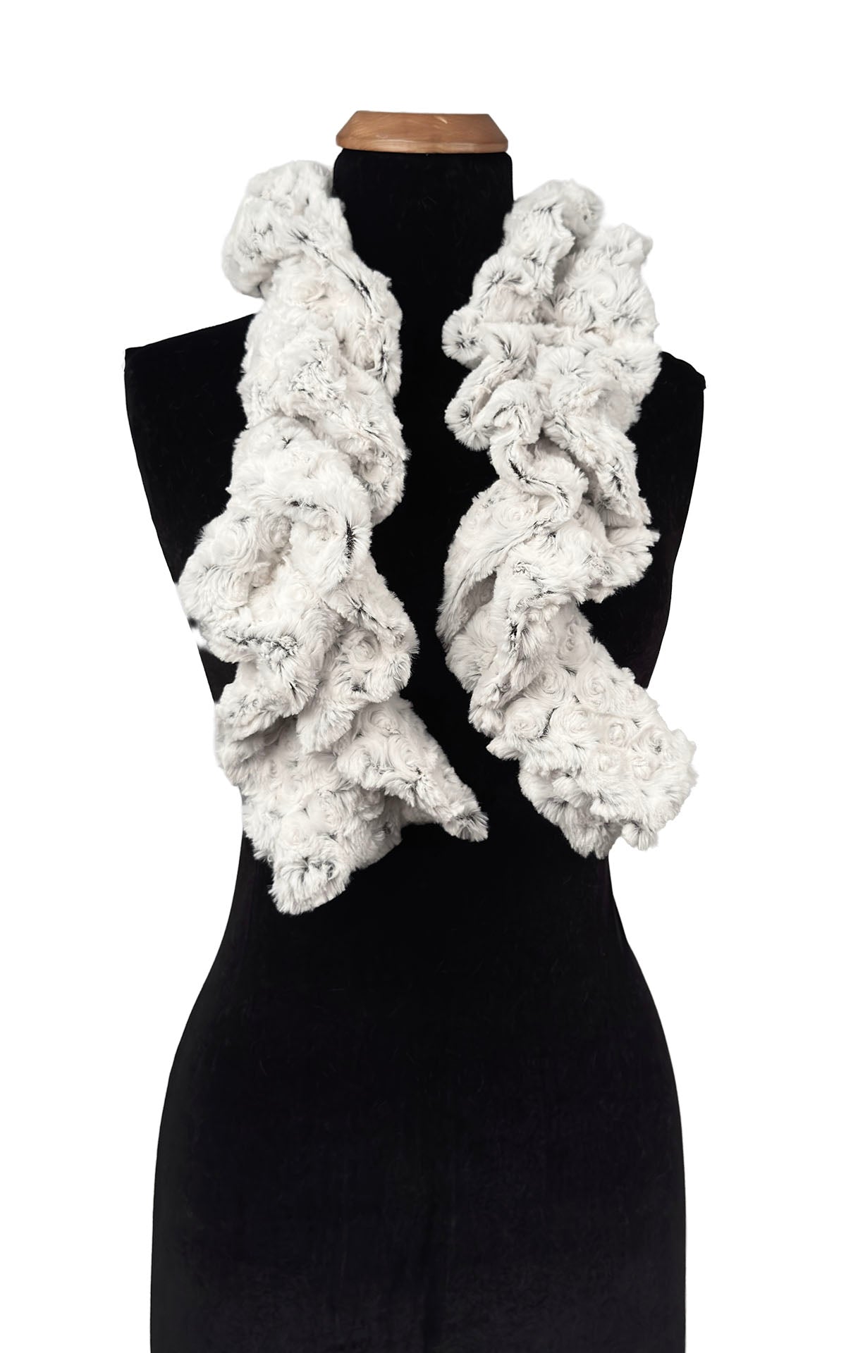 Women’s Scrunchy ruffled Scarf | Rosebud in black Faux Fur ivory and black | Handmade in Seattle WA | Pandemonium Millinery