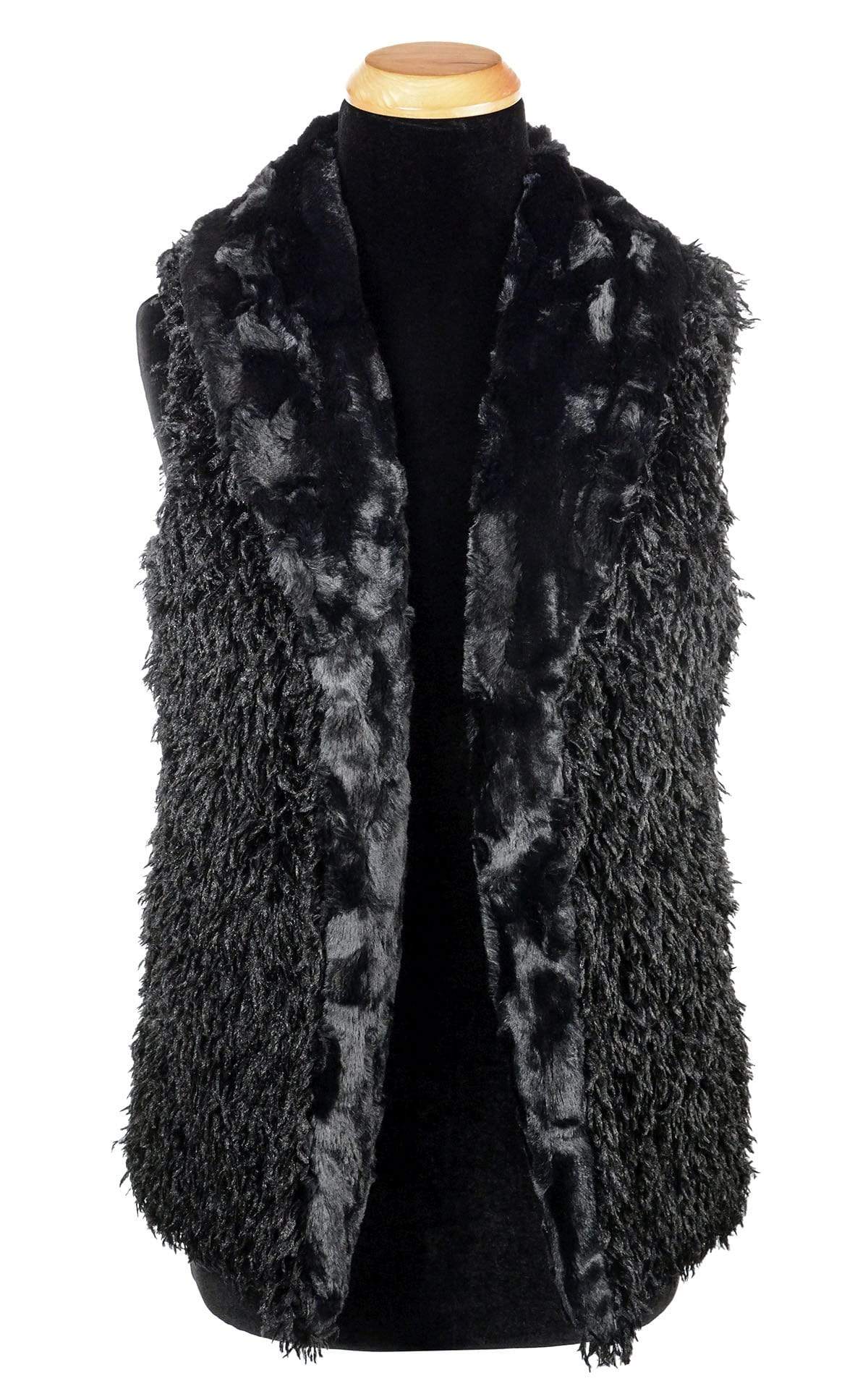 Open view Shawl Collar Vest Reversed | Cuddly Black Faux Fur with Black Swan Faux Feather Lining | Handmade Seattle, WA, USA| By Pandemonium Millinery