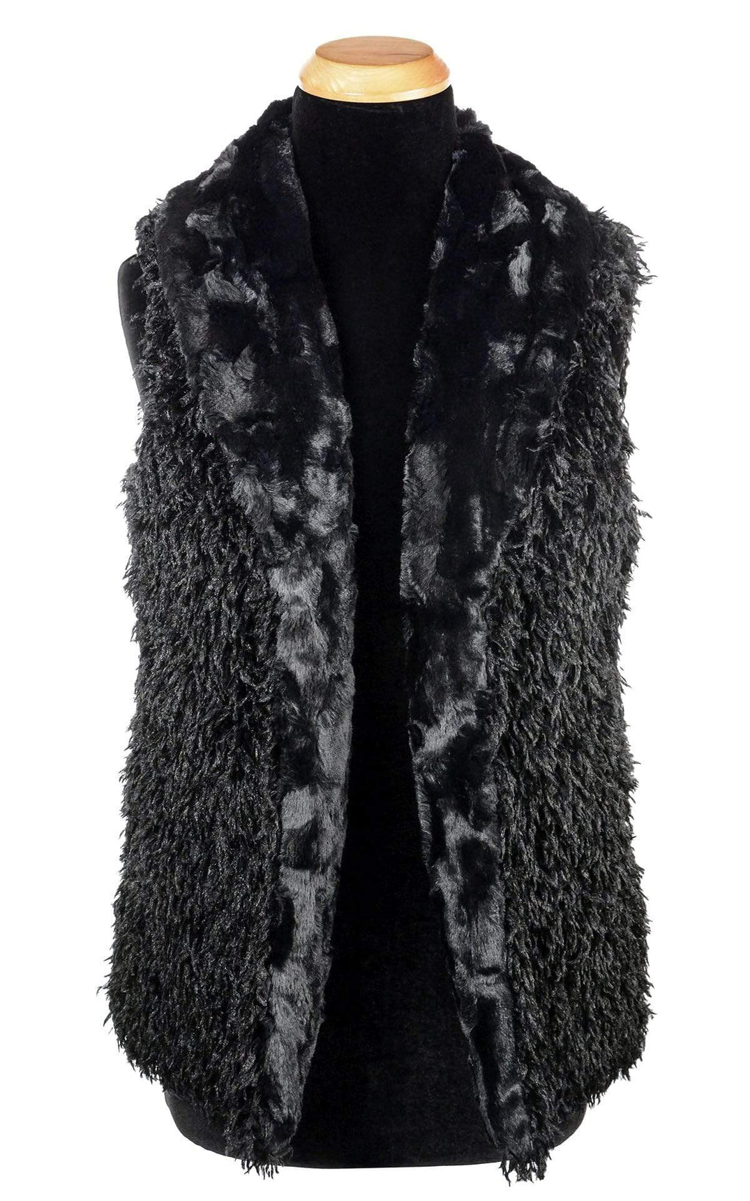 Open view Shawl Collar Vest Reversed | Cuddly Black Faux Fur with Black Swan Faux Feather Lining | Handmade Seattle, WA, USA| By Pandemonium Millinery