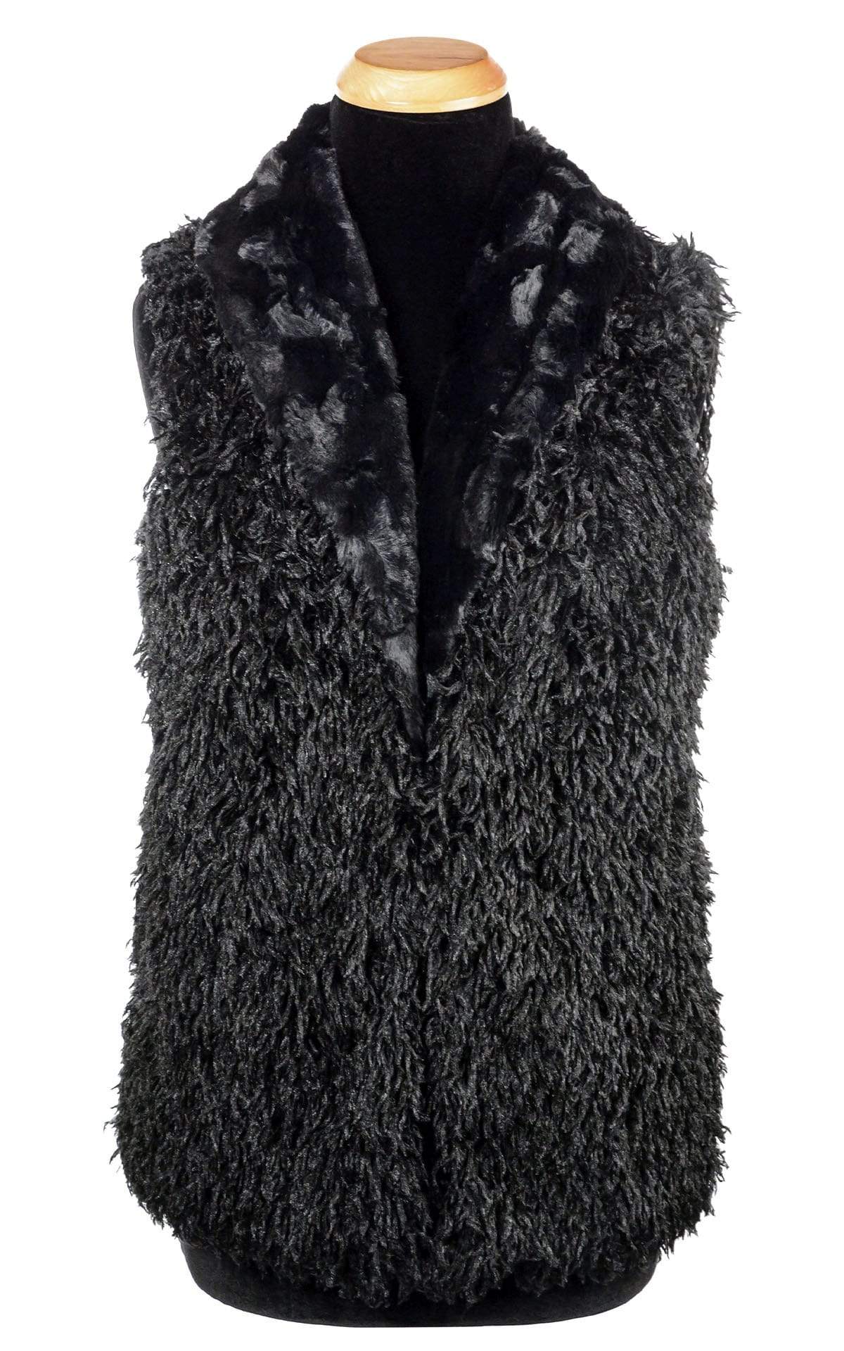 Shawl Collar Vest Reversed | Cuddly Black Faux Fur with Black Swan Faux Feather Lining | Handmade Seattle, WA, USA by Pandemonium Millinery