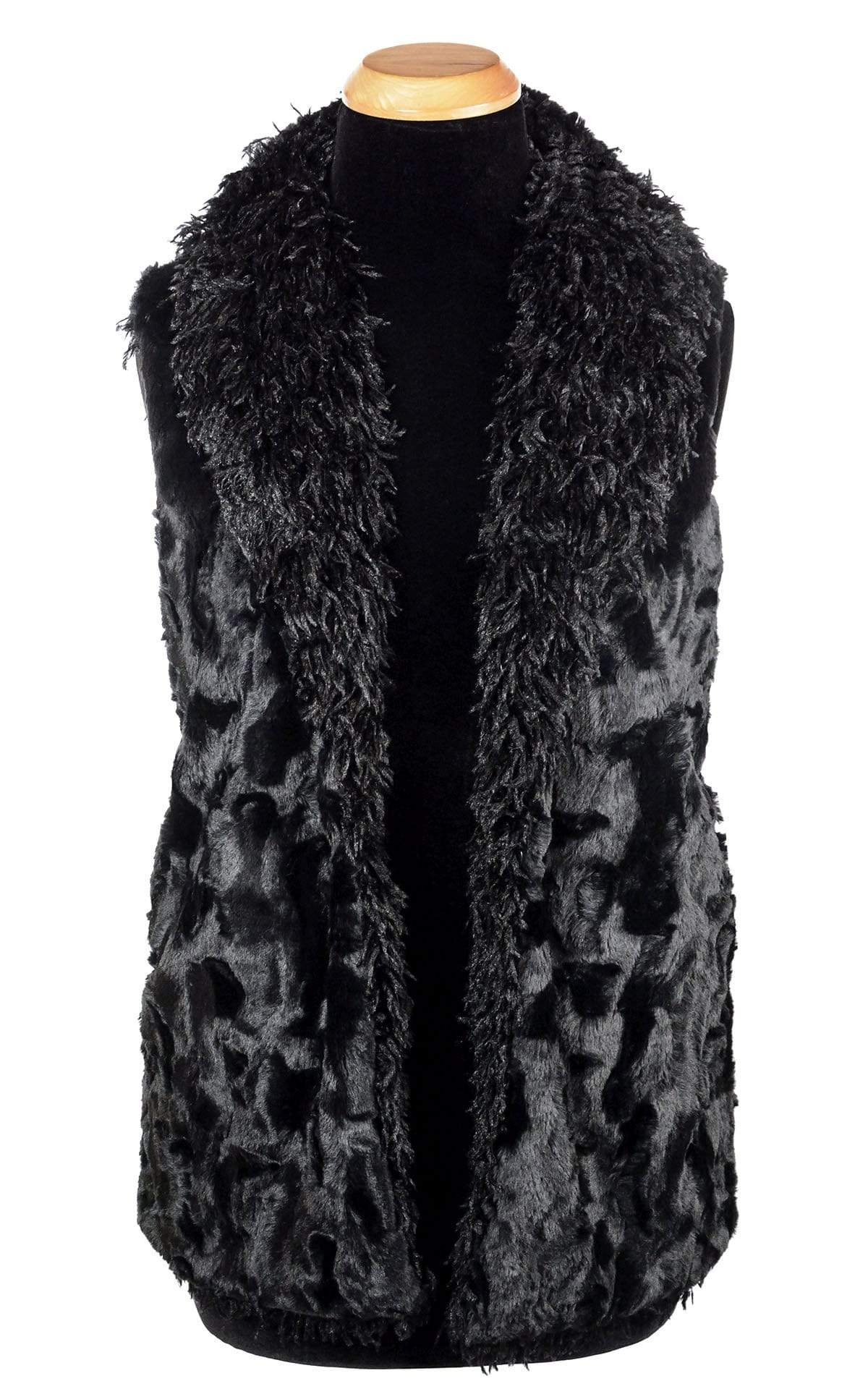 Shawl Collar Vest | Cuddly Black Faux Fur with Black Swan Faux Feather Lining | Handmade Seattle, WA, USA by Pandemonium Millinery