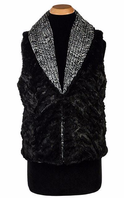 Shawl Collar Vest Shown in Reverse | Cozy Cable in Ash Black and White with Cuddly Black Faux Fur | Handmade In Seattle WA | Pandemonium Millinery