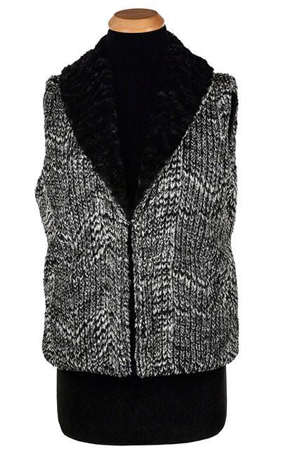 Shawl Collar Vest Cozy Cable in Ash Black and White with Cuddly Black Faux Fur | Shown in Shawl Collar Vest | Handmade In Seattle WA | Pandemonium Millinery