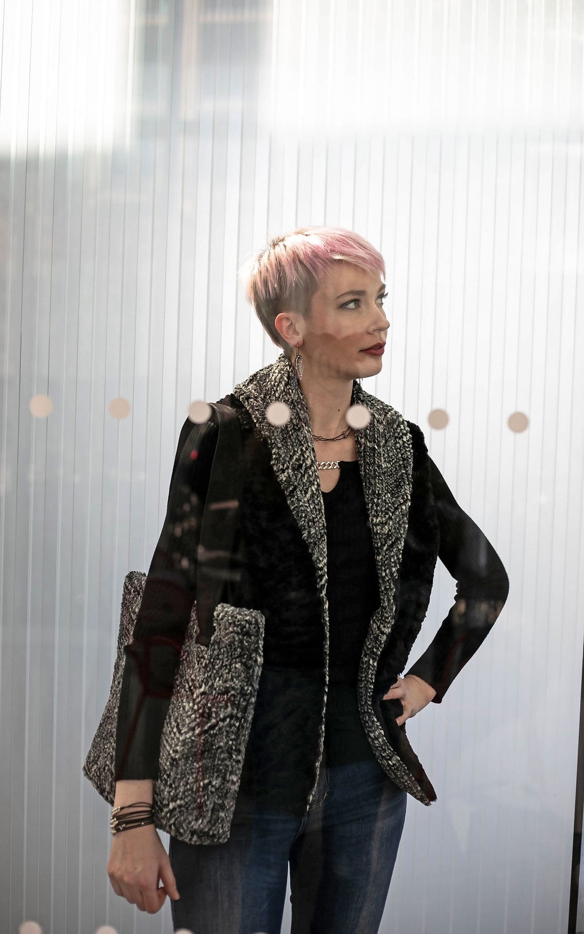Woman wearing Shawl Collar Vest with a matching Toyoko Tote | Cozy Cable in Ash Black and White with Cuddly Black Faux Fur | Handmade In Seattle WA | Pandemonium Millinery