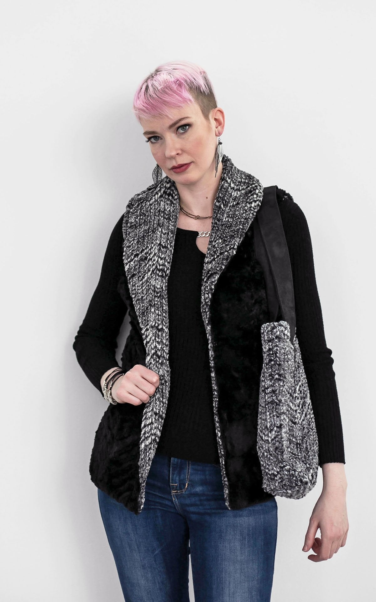 Model in Shawl Collar Vest and Matching Toyoko Tote | Cozy Cable in Ash Black and White with Cuddly Black Faux Fur | Handmade In Seattle WA | Pandemonium Millinery