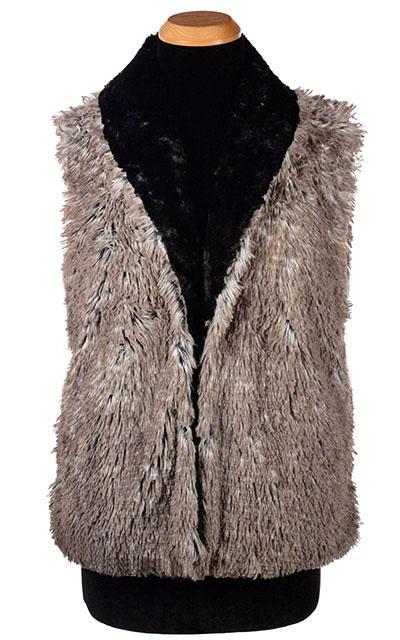 Shawl Collar Vest Closed View | Cuddly Black Faux Fur with Arctic Fox Long Hair Faux Fur| By Pandemonium Millinery | Seattle WA USA