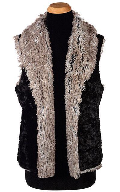 Open View Shawl Collar Vest Reversed | Cuddly Black Faux Fur with Arctic Fox  long Hair Faux Fur | By Pandemonium Millinery | Seattle WA USA