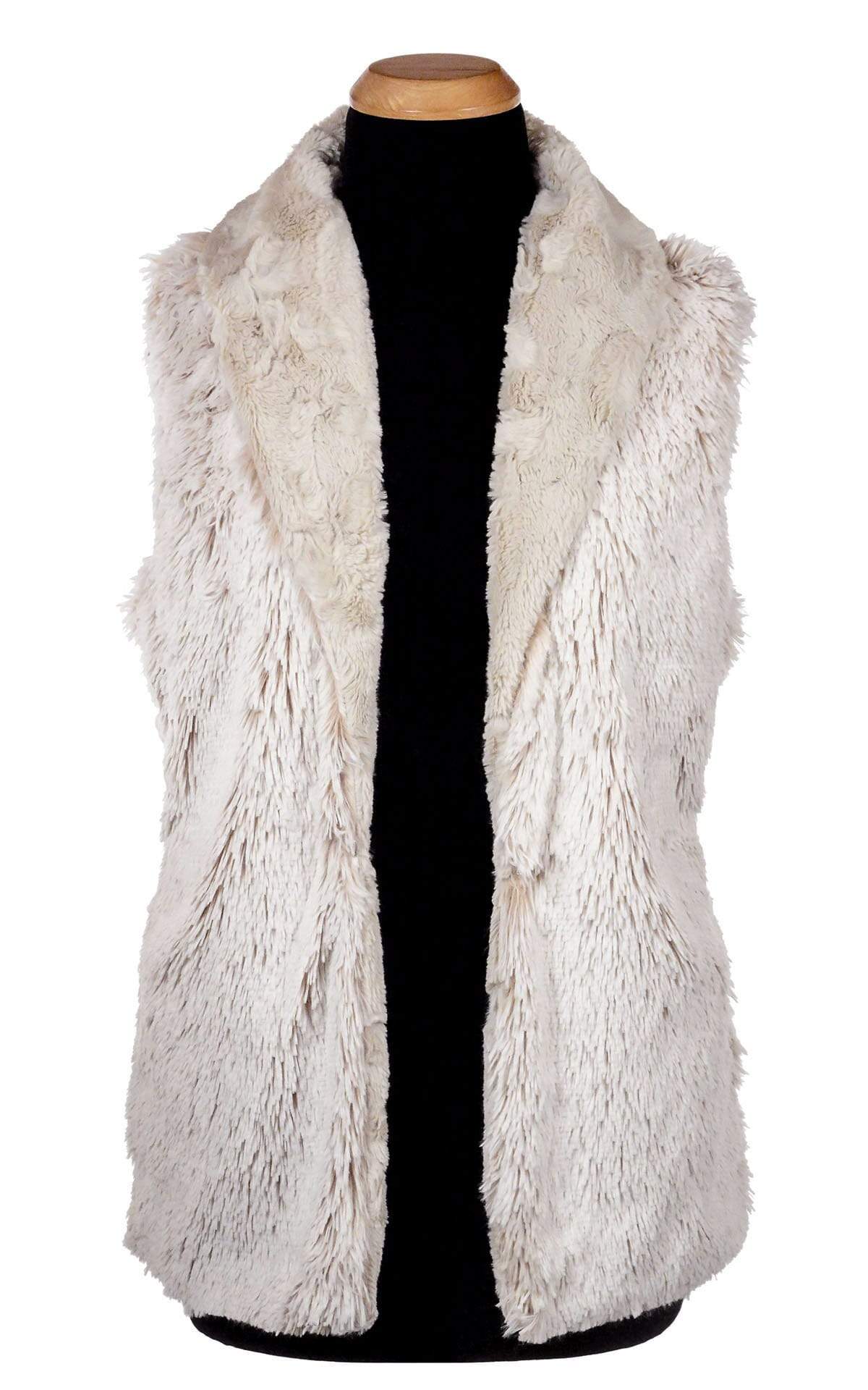 Open View Shawl Collar Vest Reversed | Cuddly Sand Faux Fur with Foxy Beach Long Hair Faux Fur | By Pandemonium Millinery | Seattle WA USA