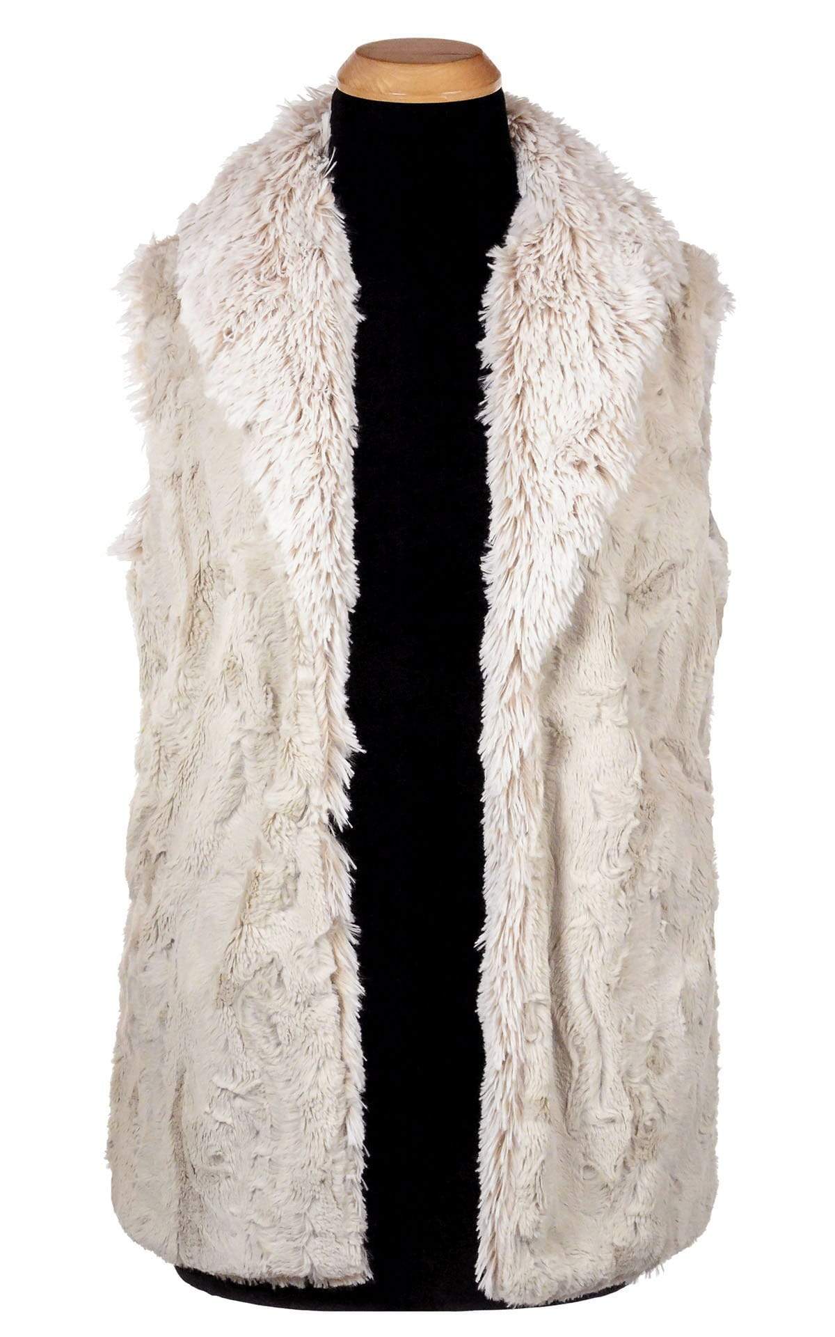 Open View Shawl Collar Vest | Cuddly Sand Faux Fur with Foxy Beach Long Hair Faux Fur | By Pandemonium Millinery | Seattle WA USA