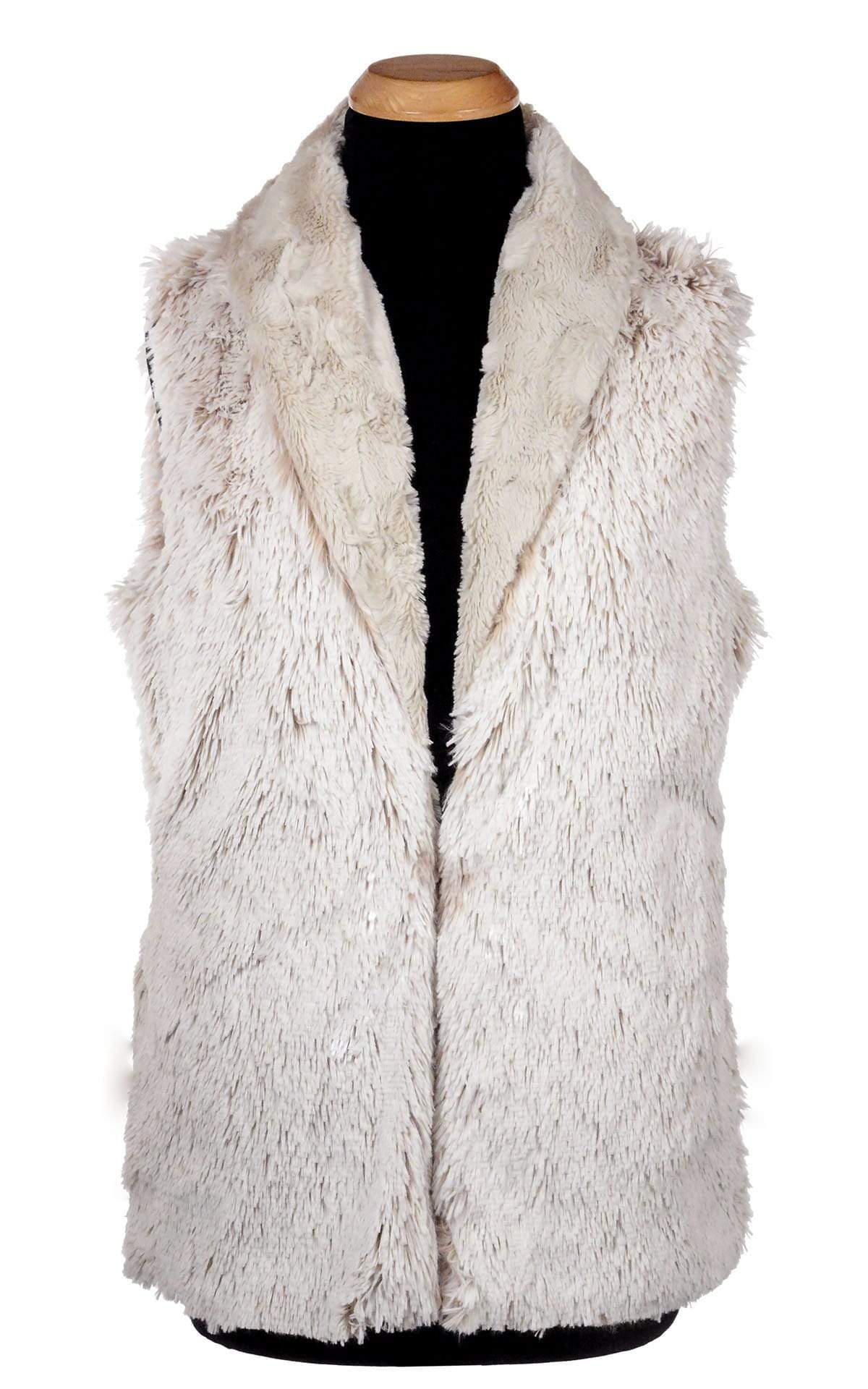 Closed View Shawl Collar Vest Reversed | Cuddly Faux Fur with Foxy Beach Long Hair Faux Fur | By Pandemonium Millinery | Seattle WA USA