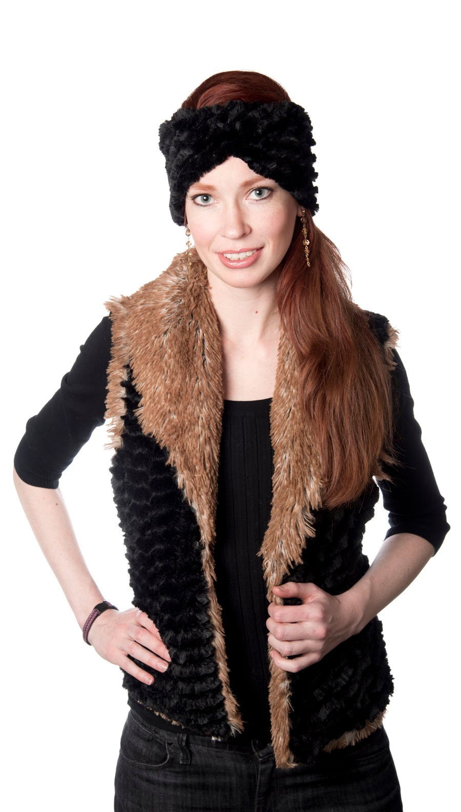 Modeling with Faux Fur Headband wearing Shawl Collar Vest | Desert Sand in Midnight Faux Fur with Red Fox Long Hair Faux Fur | Handmade by Pandemonium Millinery | Seattle WA USA