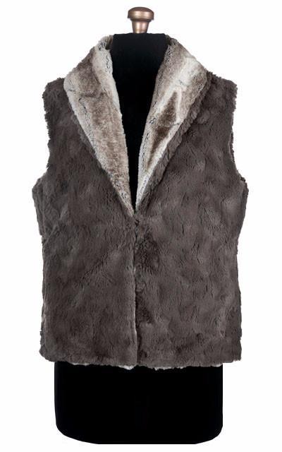 Shawl Collar Vest Shown Reversed | Birch Brown and Ivory Faux Fur with Cuddly Faux Fur Gray | Handmade In Seattle WA | Pandemonium Millinery