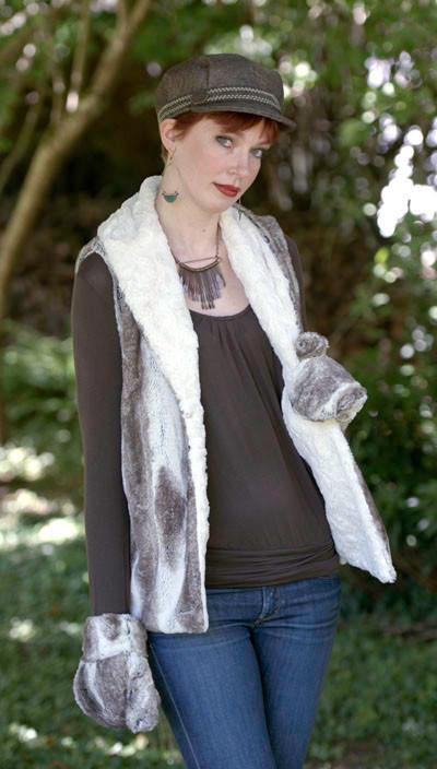 Model in Shawl Collar Vest | Birch Brown and Ivory Faux Fur with Cuddly Ivory | Handmade In Seattle WA | Pandemonium Millinery