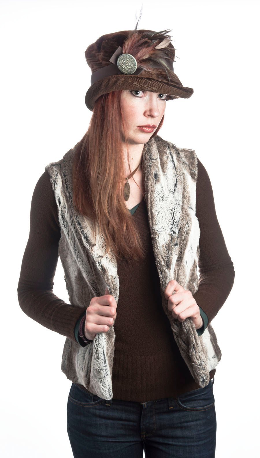 Model in Shawl Collar Vest Birch Brown and Cream Faux Fur | Worn with Molly Bucket Style Hat  Cohen Chocolate | Handmade In Seattle WA | Pandemonium Millinery