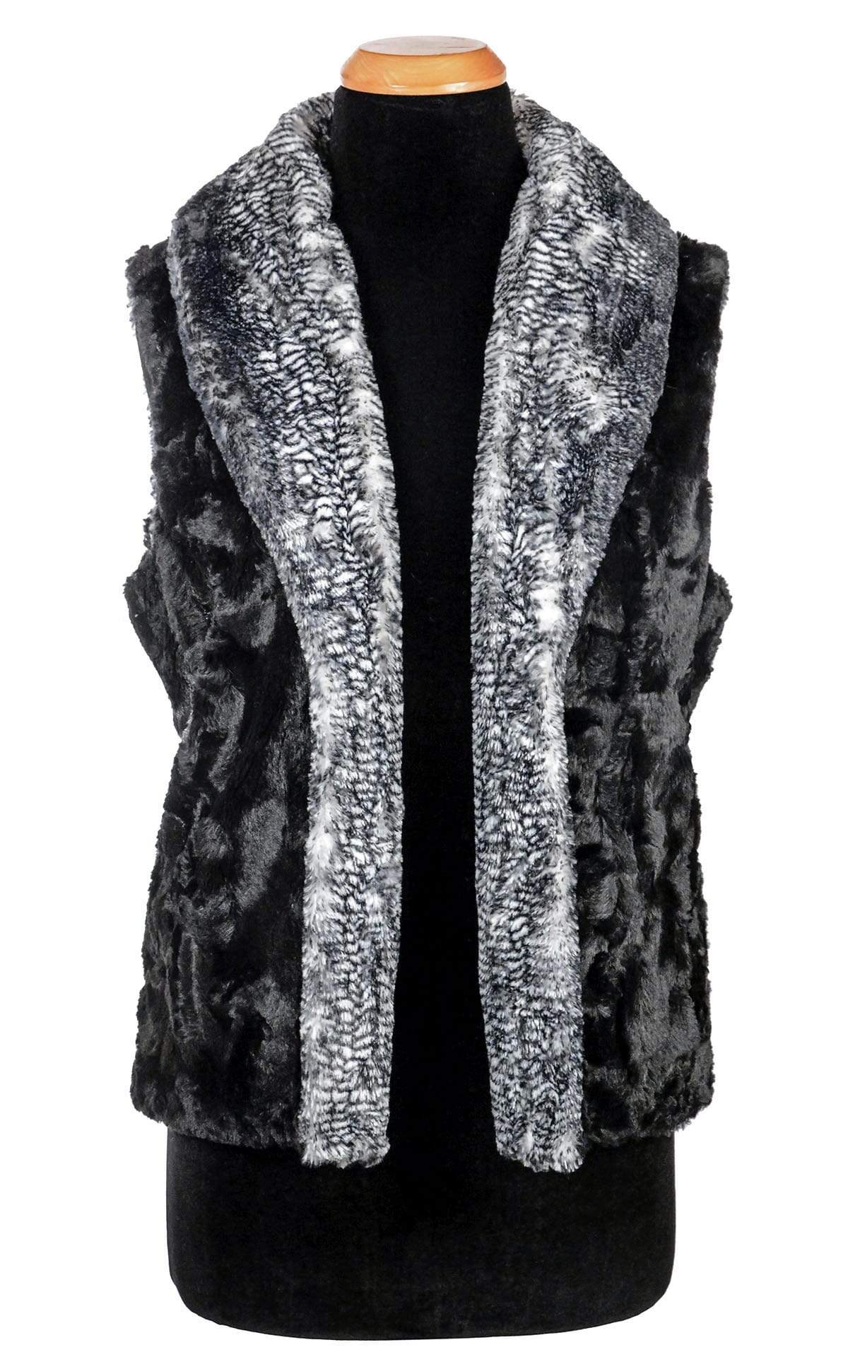 Shawl Collar Vest |  Black Mamba Black and White Faux Fur with Cuddly Faux Fur in Black | By Pandemonium Millinery | Seattle WA USA
