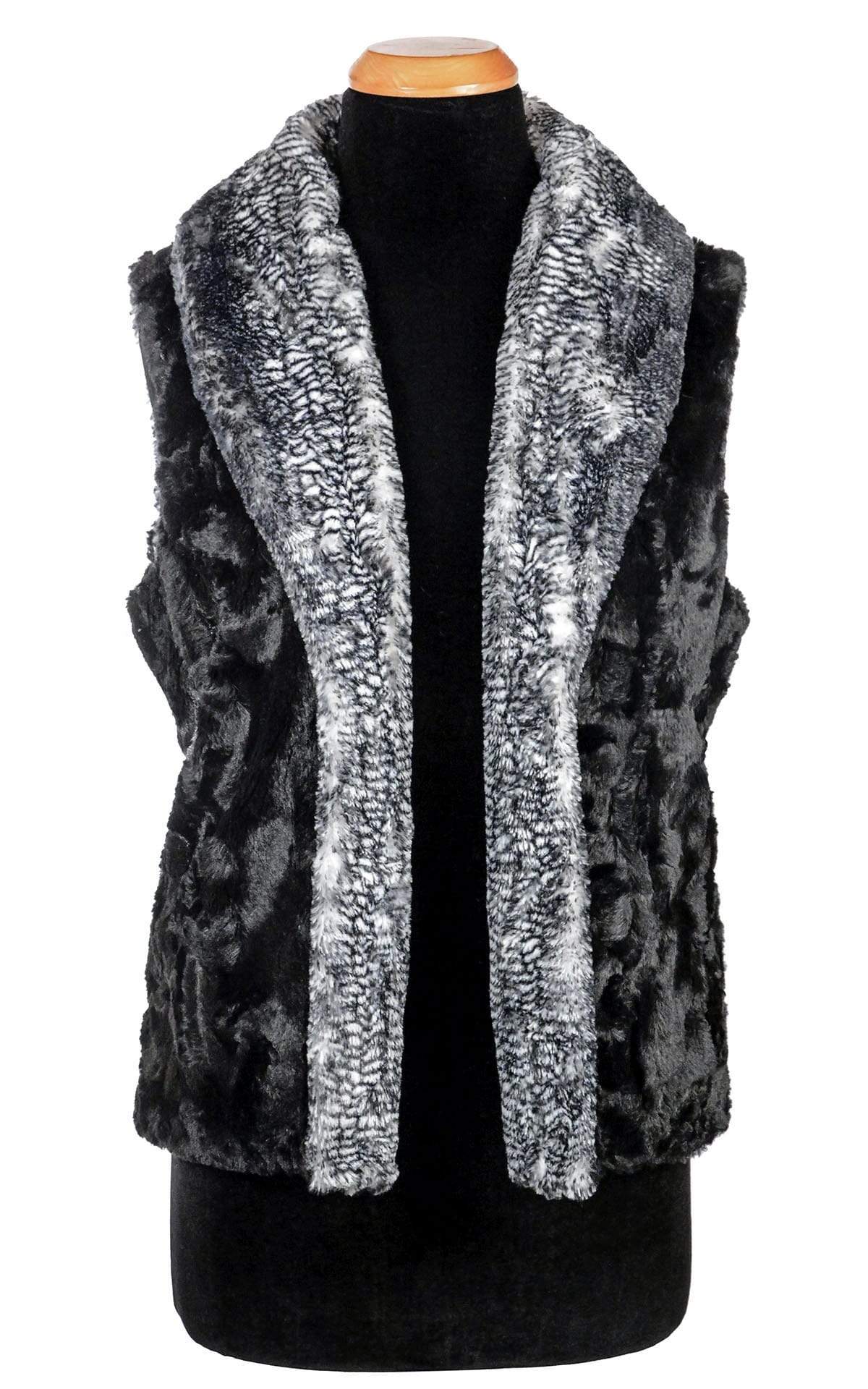 Open View of Shawl Collar Vest, Reversed | Black Mamba Black and White Faux Fur with Cuddly Faux Fur in Black | By Pandemonium Millinery | Seattle WA USA