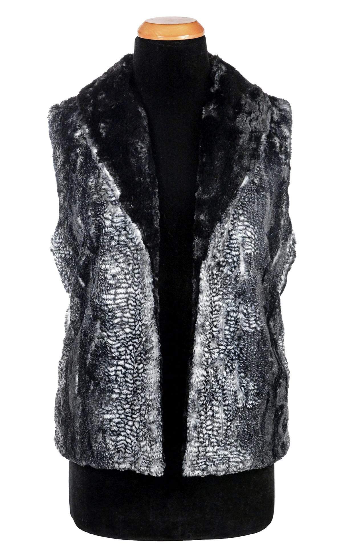 Black Mamba Black and White Faux Fur with Cuddly Faux Fur Black | Open View of Shawl Collar Vest | By Pandemonium Millinery | Seattle WA USA