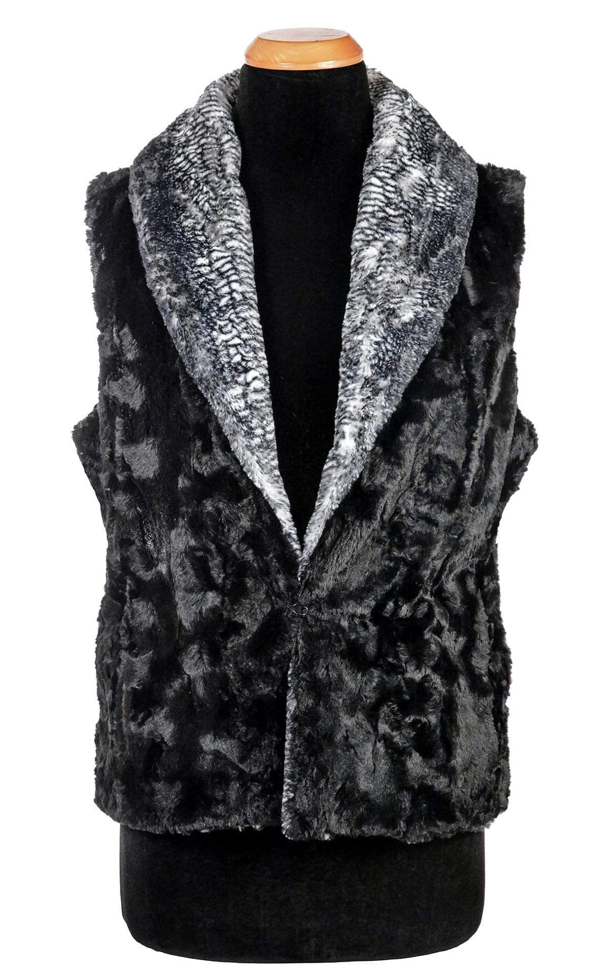 Closed View of Shawl Collar Vest, Reversed | Black Mamba Faux Fur with Cuddly Faux Fur in Black | By Pandemonium Millinery | Seattle WA USA