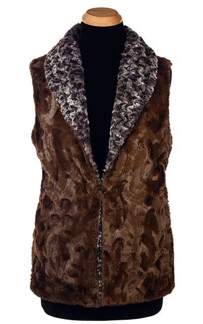 Reversible Shawl Collar Vest | Calico Brown and Cream with Cuddly chocolate Faux Fur | Handmade In Seattle WA | Pandemonium Millinery
