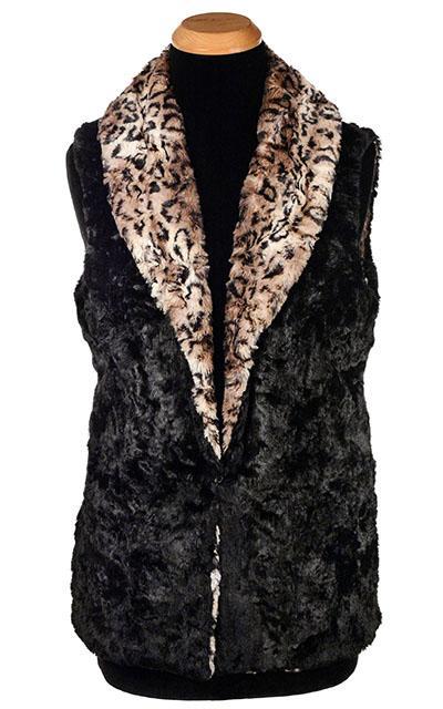 Shawl Collar Vest | Carpathian Lynx Animal print Faux Fur with Cuddly Black Faux Fur | Handmade by Pandemonium Millinery | Seattle WA USA