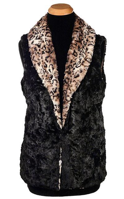 Shawl Collar Vest  Shown in reverse | Carpathian Lynx Animal print Faux Fur with Cuddly Black Faux Fur | Handmade by Pandemonium Millinery | Seattle WA USA