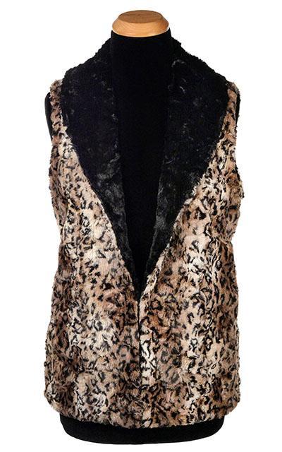 Shawl Collar Vest | Carpathian Lynx Animal print Faux Fur with Cuddly Black Faux Fur | Handmade by Pandemonium Millinery | Seattle WA USA