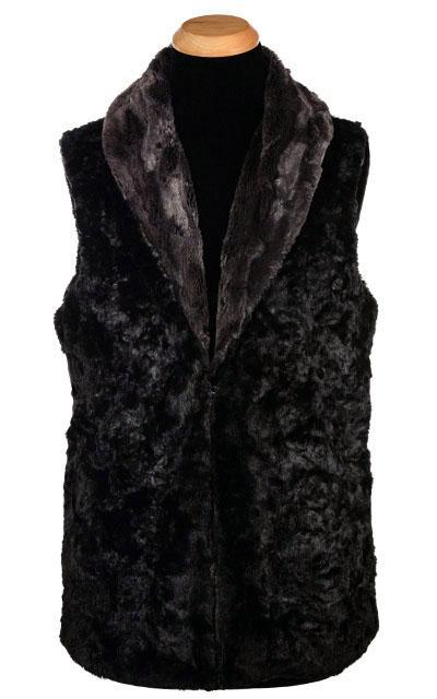  Shawl Collar Vest Long, Reversed | Luxury Faux Fur in Espresso Bean with Cuddly Faux Fur in Black | Handmade By Pandemonium Millinery | Seattle WA USA