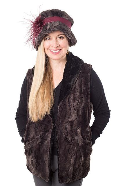 Model wearing Shawl Collar Vest Long and Matching Molly Bucket Style Hat | Luxury Faux Fur in Espresso Bean with Cuddly Faux Fur in Black | Handmade By Pandemonium Millinery | Seattle WA USA