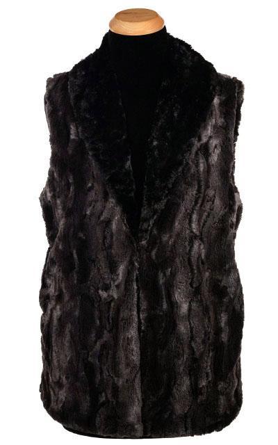 Front View of  Shawl Collar Vest Long | Luxury Faux Fur in Espresso Bean with Cuddly Faux Fur in Black | Handmade By Pandemonium Millinery | Seattle WA USA