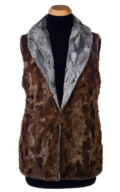 Shawl Collar Vest Reversed | Giant&#39;s Causeway Gray Faux Fur with Cuddly Chocolate Faux Fur | Pandemonium Millinery | Seattle WA