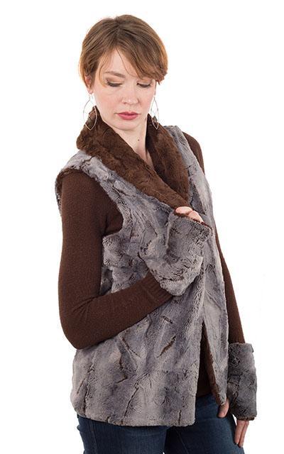  Model wearing Shawl Collar Vest and matching Texting Fingerless Gloves  | Giant&#39;s Causeway Gray Faux Fur with Cuddly Chocolate Faux Fur  | Pandemonium Millinery | Seattle WA USA