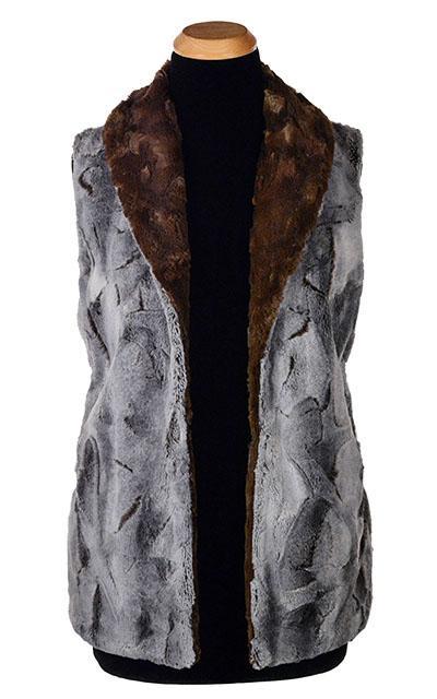  Model wearing Shawl Collar Vest and matching Texting Fingerless Gloves  | Giant's Causeway Gray Faux Fur with Cuddly Chocolate Faux Fur  | Pandemonium Millinery | Seattle WA USA