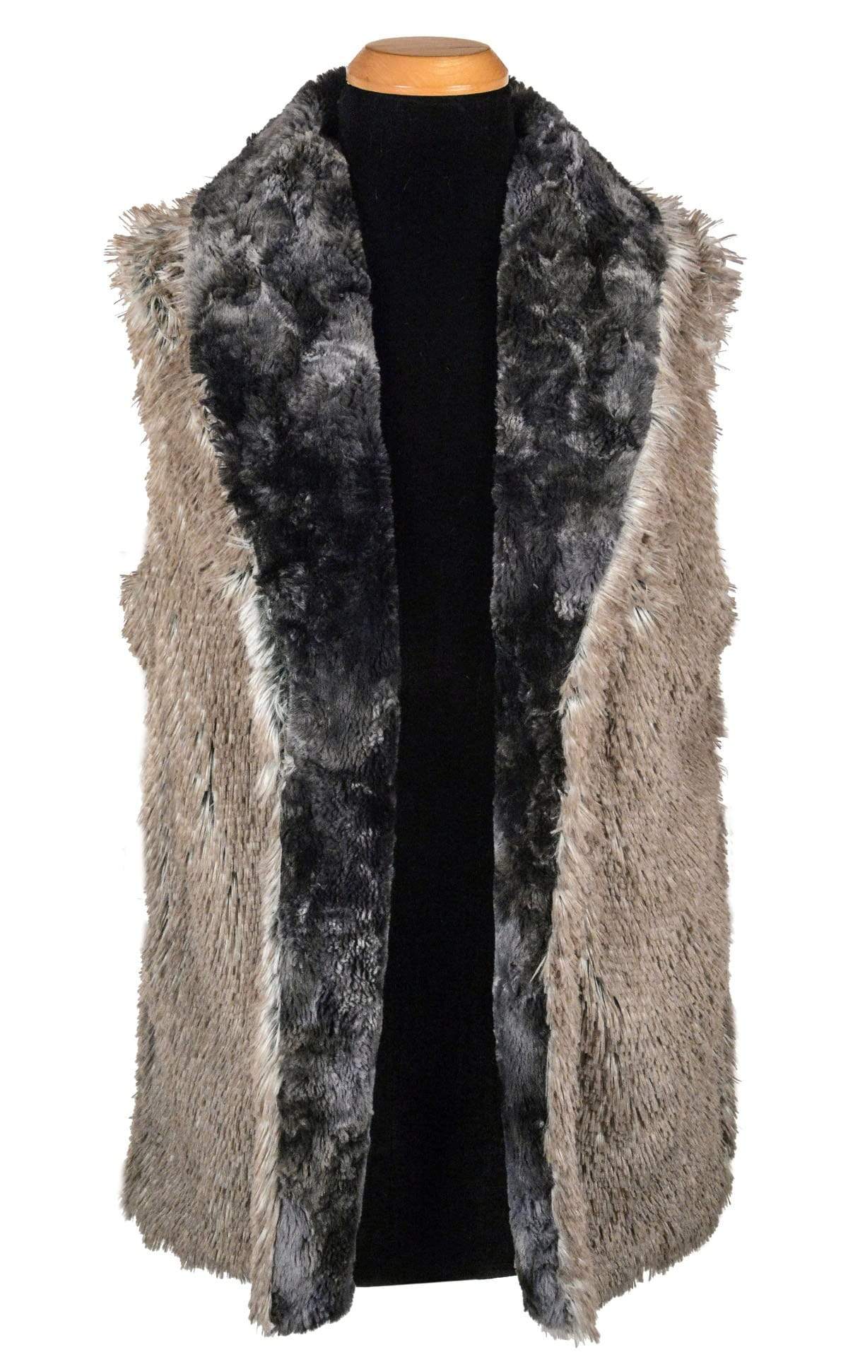 Reversed Shawl Collar Vest in Highland Skye Faux Fur lined Arctic Fox Handmade By Pandemonium Seattle USA