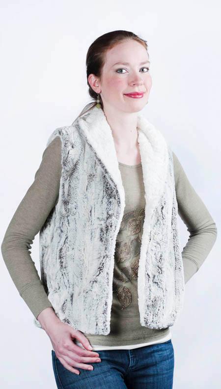Woman wearing Shawl Collar Vest | Khaki Grayish Faux Fur with Cuddly Ivory Faux Fur | Pandemonium Millinery | Seattle WA