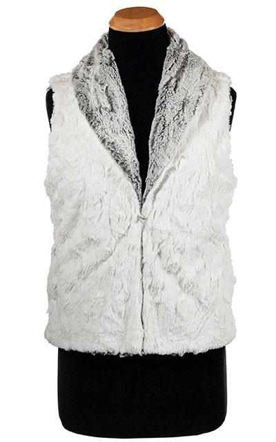 Shawl Collar Vest  Reversed | Luxury Faux Fur in Khaki Grayish with Cuddly Ivory Faux Fur | Pandemonium Millinery | Seattle WA USA