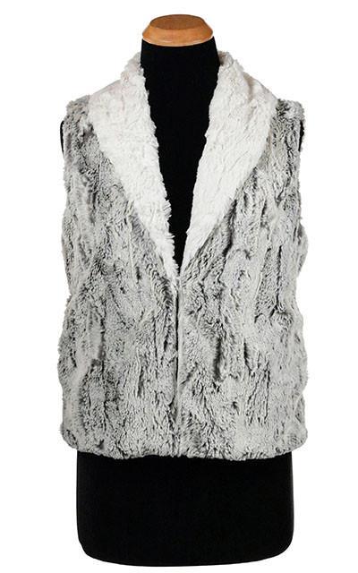 Woman wearing Shawl Collar Vest | Khaki Grayish Faux Fur with Cuddly Ivory Faux Fur | Pandemonium Millinery | Seattle WA
