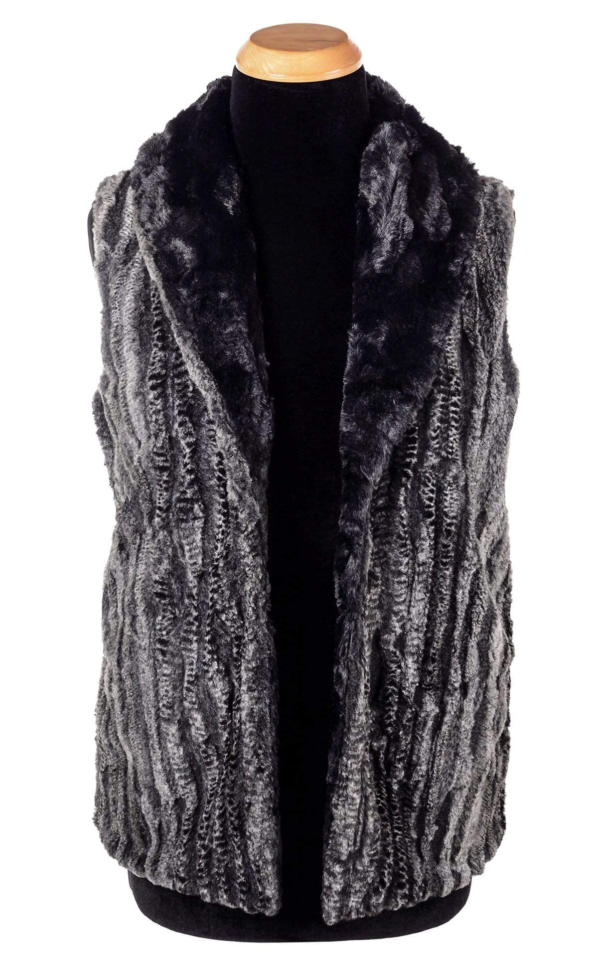 Shawl Collar Vest Open View | Rattle n Shake Snake Print Faux Fur with Cuddly Faux Fur in Black | By Pandemonium Millinery | Seattle WA USA