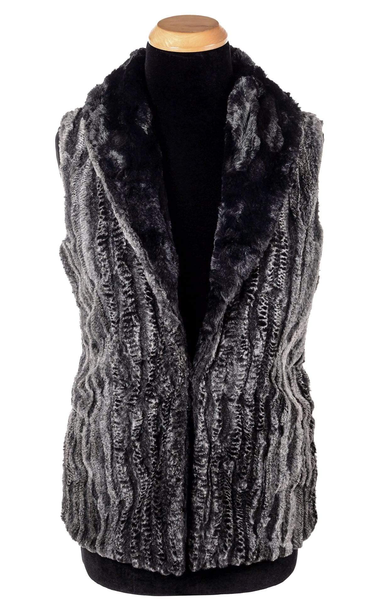 Shawl Collar Vest | Rattle N Shake Black Gray Snake Print Faux Fur with Cuddly Faux Fur in Black | By Pandemonium Millinery | Seattle WA USA