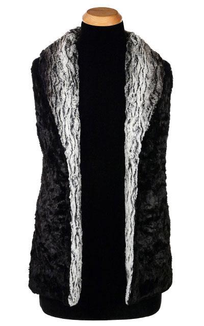Shawl Collar Vest | Smouldering Sequoia Black, Gray, White Vertical Stripes Faux Fur with Cuddly Black| By Pandemonium Millinery | Seattle WA US