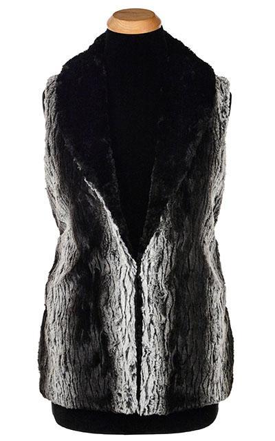 Shawl Collar Vest | Smouldering Sequoia Black, Gray, White Vertical Stripes Faux Fur with Cuddly Black| By Pandemonium Millinery | Seattle WA US